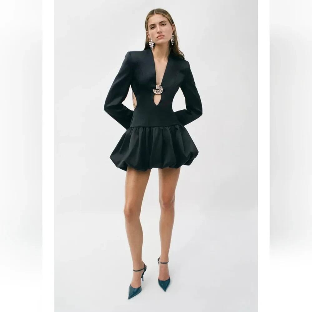 Zara Puffball Gold Metal Detail Cutout Bubble Black Satin Mini Bubble Dress SZ M